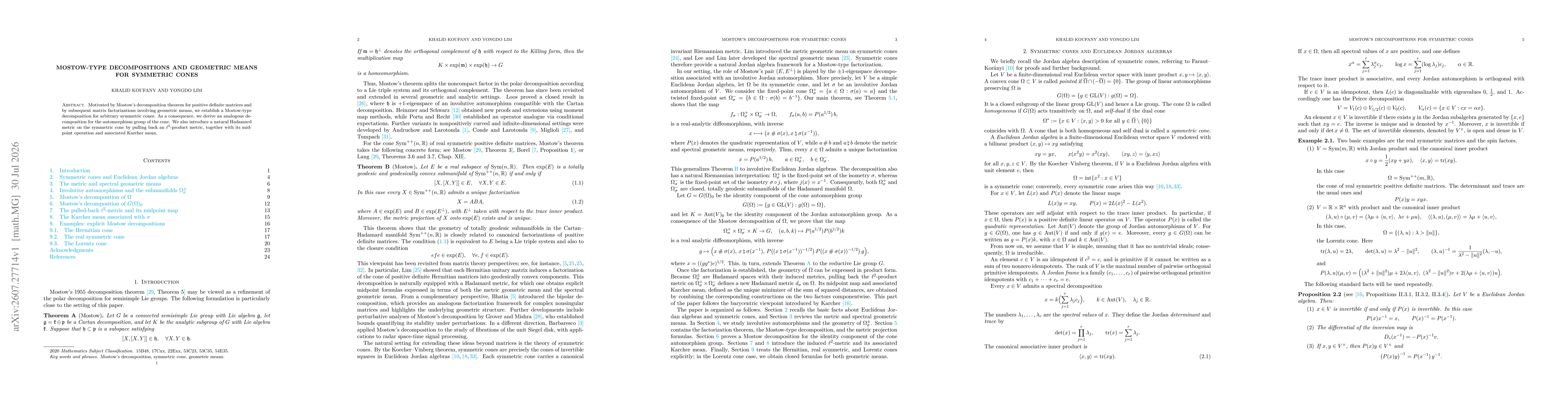 Thumbnail for Mostow-Type Decompositions and Geometric Means for Symmetric Cones
