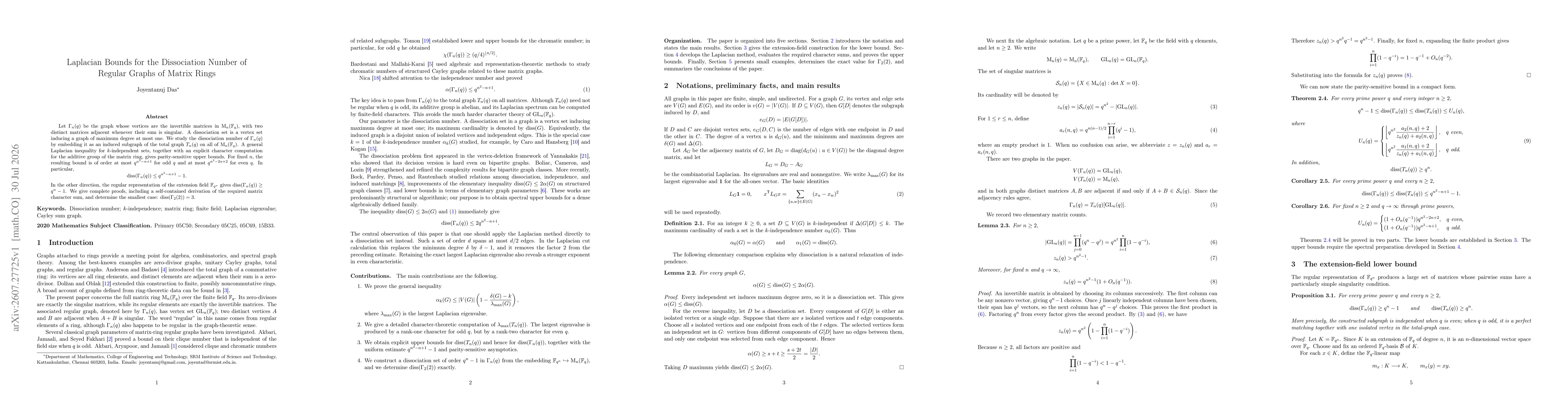 Thumbnail for Laplacian Bounds for the Dissociation Number of Regular Graphs of Matrix Rings