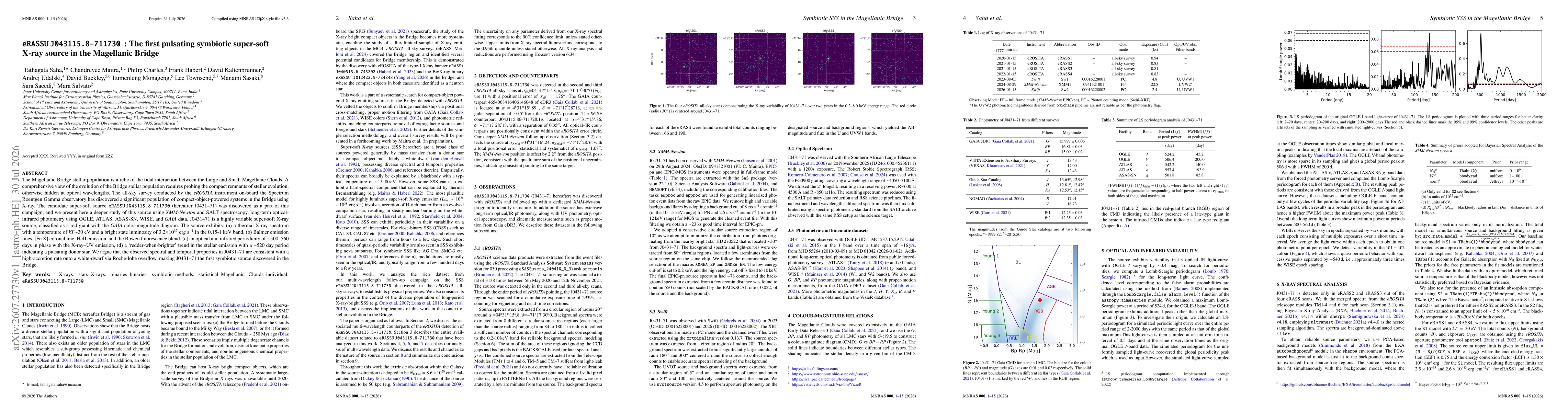 Thumbnail for eRASSU J043115.8-711730: The first pulsating symbiotic super-soft X-ray source in the Magellanic Bridge