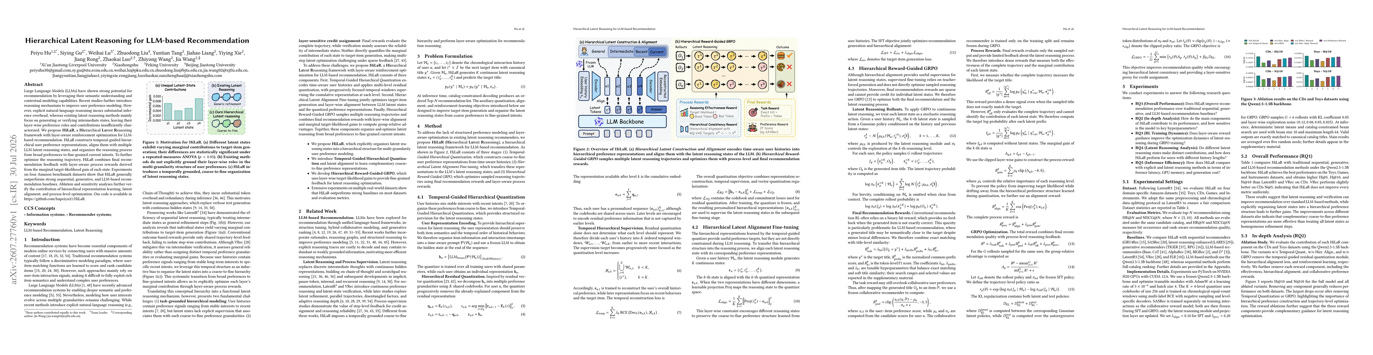 Thumbnail for Hierarchical Latent Reasoning for LLM-based Recommendation