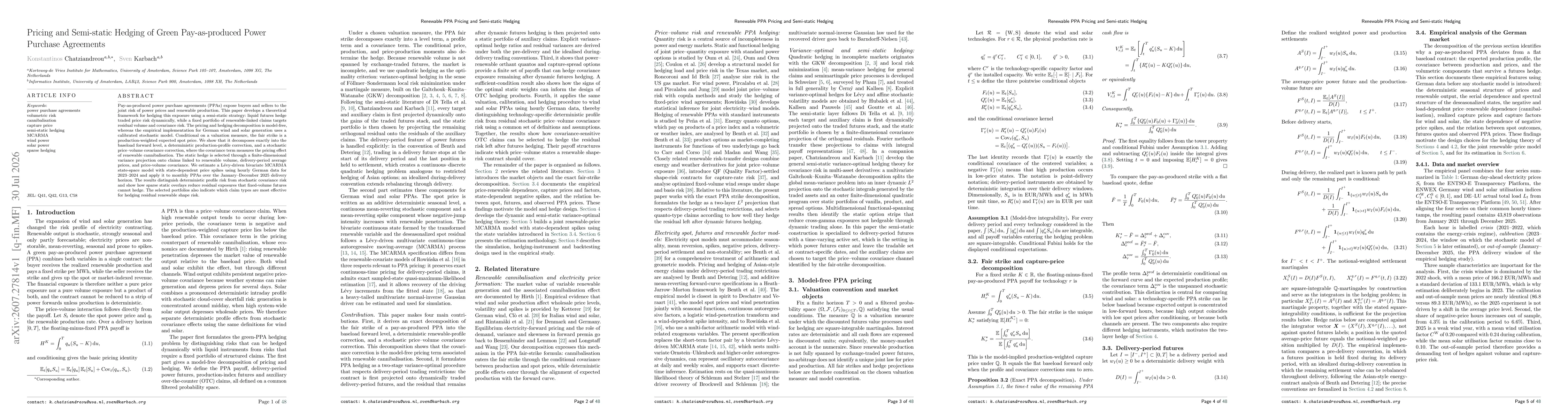 Thumbnail for Pricing and Semi-static Hedging of Green Pay-as-produced Power Purchase Agreements
