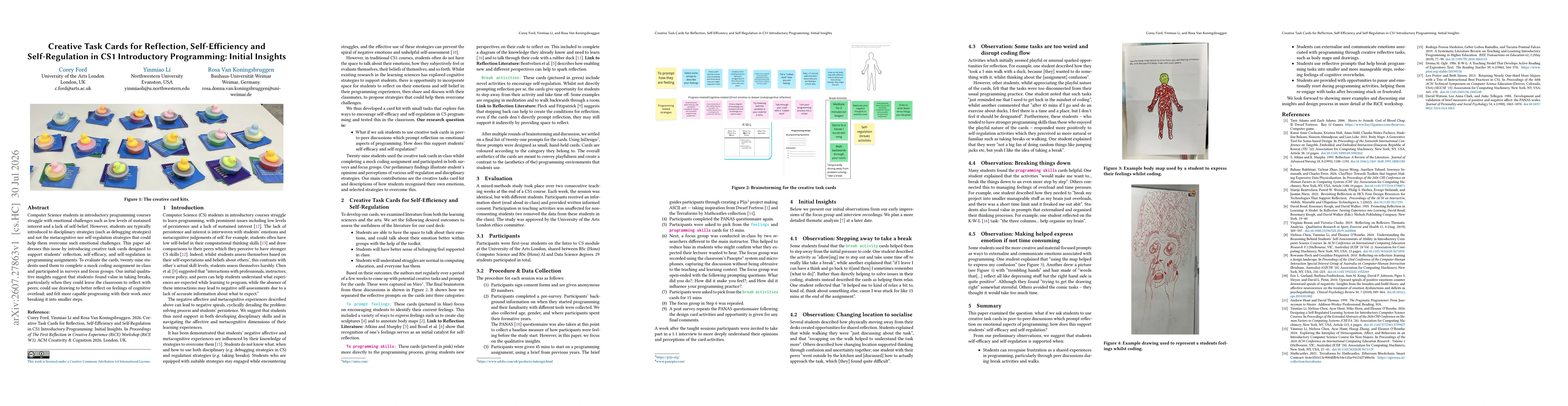 Thumbnail for Creative Task Cards for Reflection, Self-Efficiency and Self-Regulation in CS1 Introductory Programming: Initial Insights
