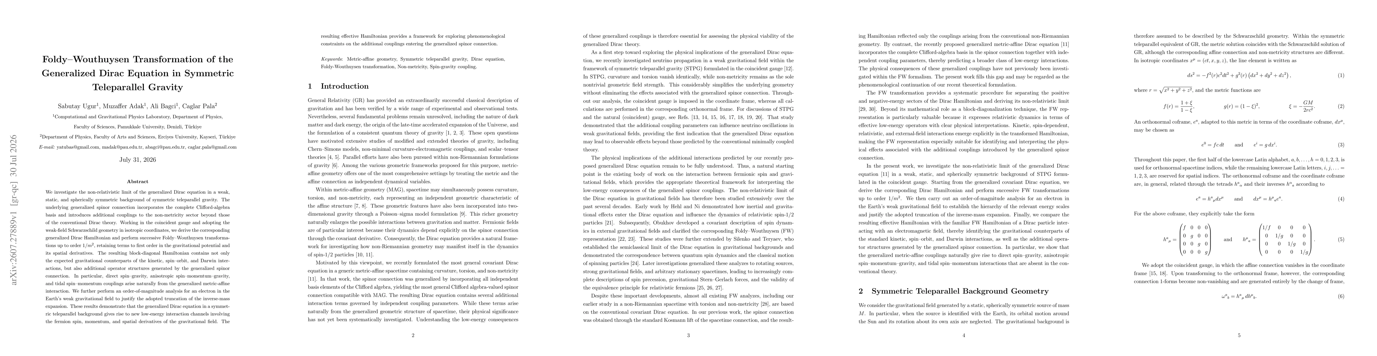 Thumbnail for Foldy--Wouthuysen Transformation of the Generalized Dirac Equation in Symmetric Teleparallel Gravity