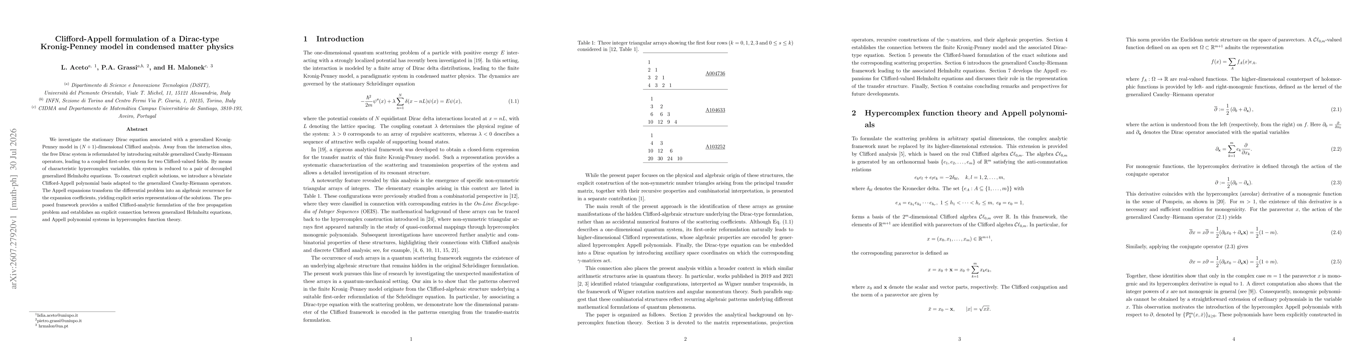 Thumbnail for Clifford-Appell formulation of a Dirac-type Kronig-Penney model in condensed matter physics