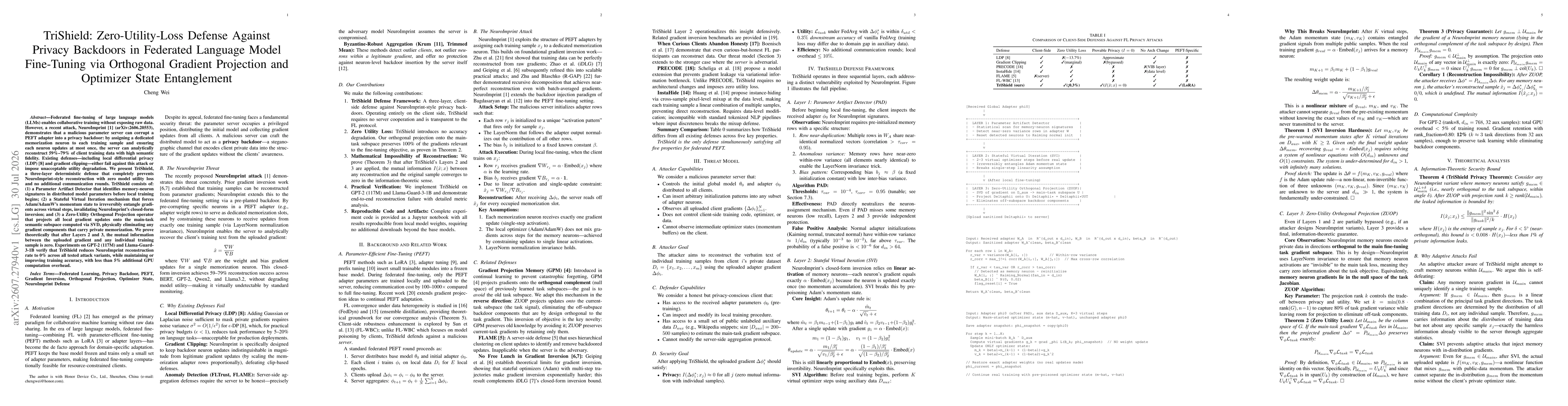 Thumbnail for TriShield: Zero-Utility-Loss Defense Against Privacy Backdoors in Federated Language Model Fine-Tuning via Orthogonal Gradient Projection and Optimizer State Entanglement