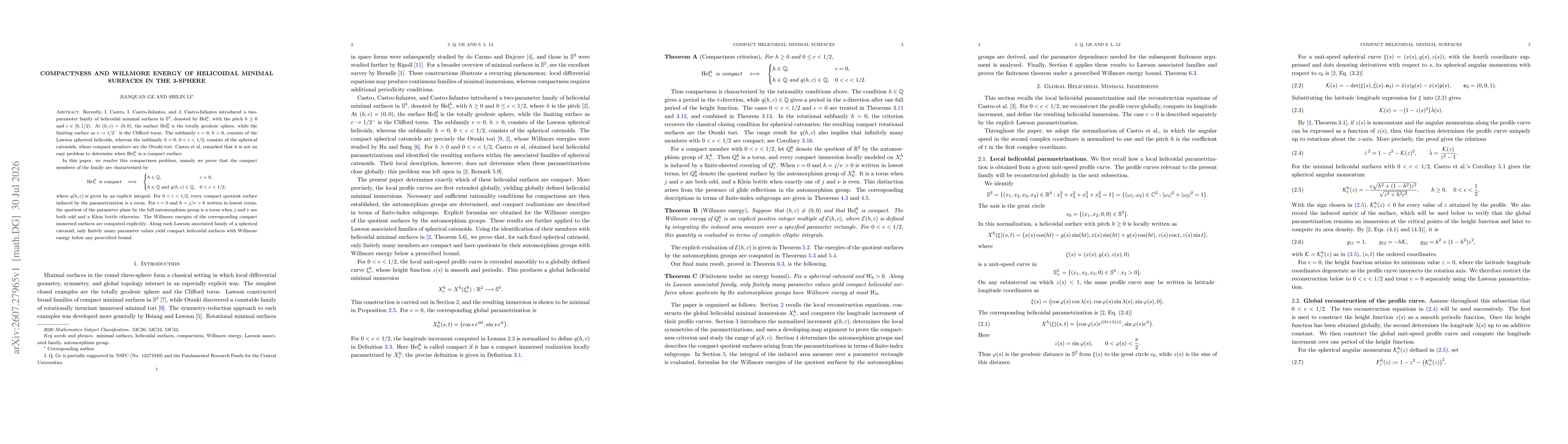 Thumbnail for Compactness and Willmore Energy of Helicoidal Minimal Surfaces in the 3-Sphere