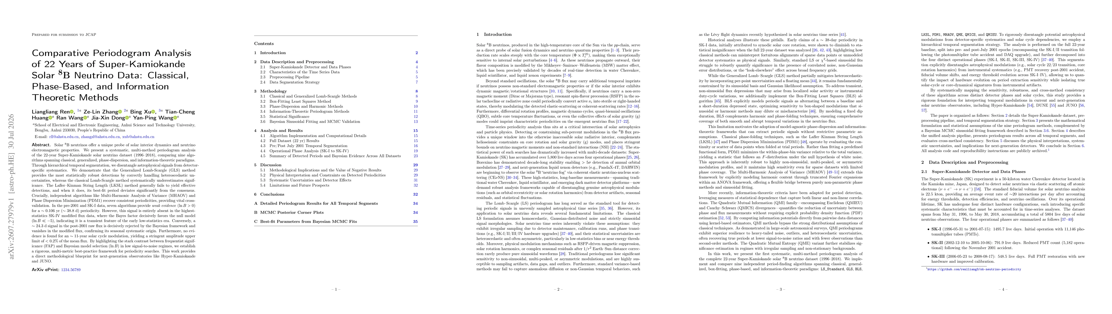 Thumbnail for Comparative Periodogram Analysis of 22 Years of Super-Kamiokande Solar $^{8}\mathrm{B}$ Neutrino Data: Classical, Phase-Based, and Information Theoretic Methods