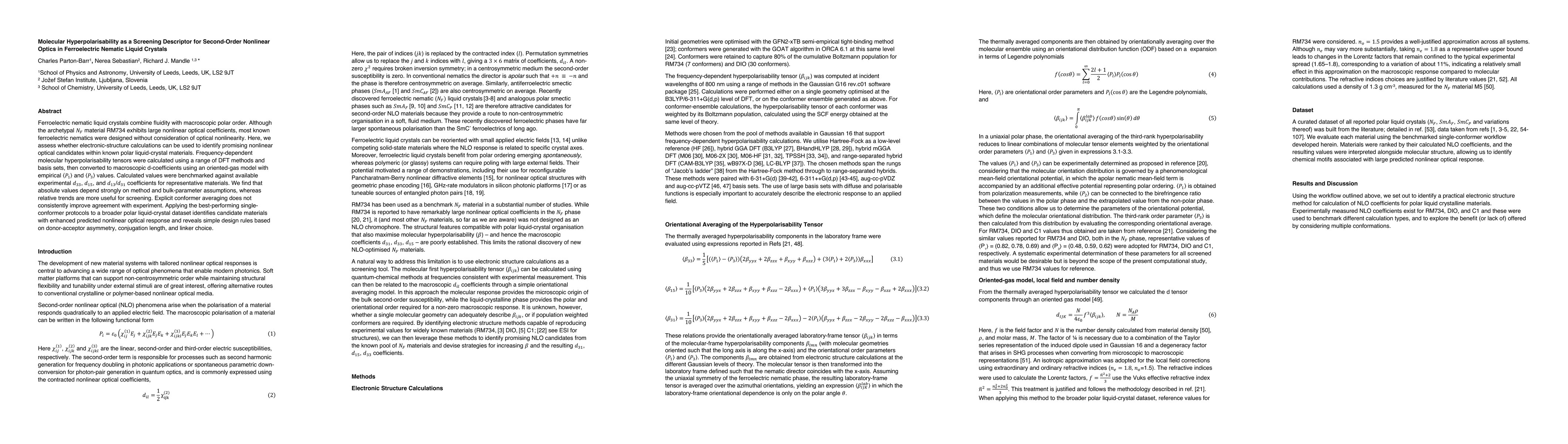 Thumbnail for Molecular Hyperpolarisability as a Screening Descriptor for Second-Order Nonlinear Optics in Ferroelectric Nematic Liquid Crystals