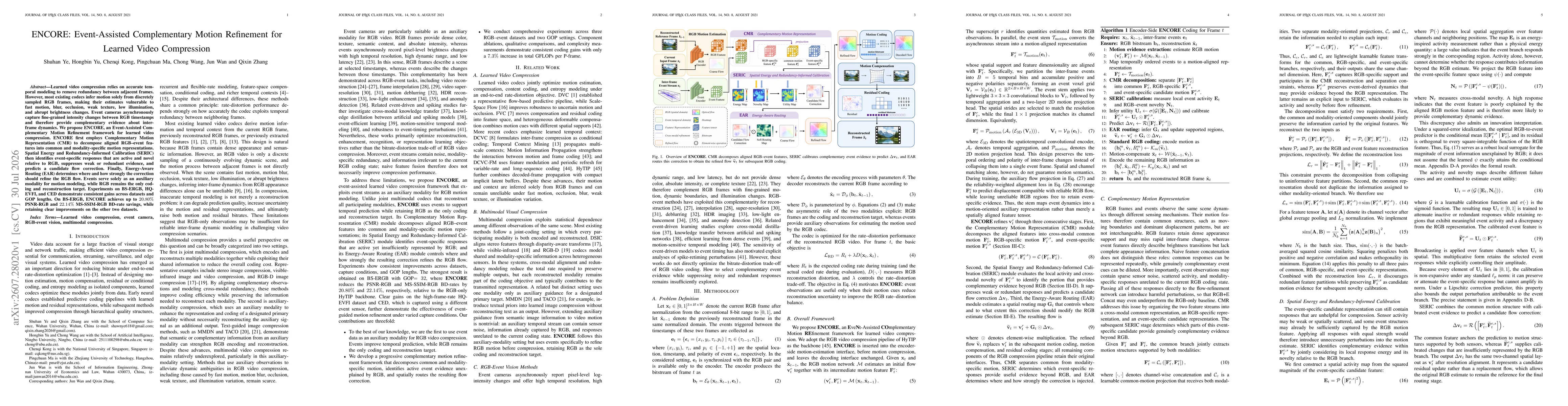 Thumbnail for ENCORE: Event-Assisted Complementary Motion Refinement for Learned Video Compression