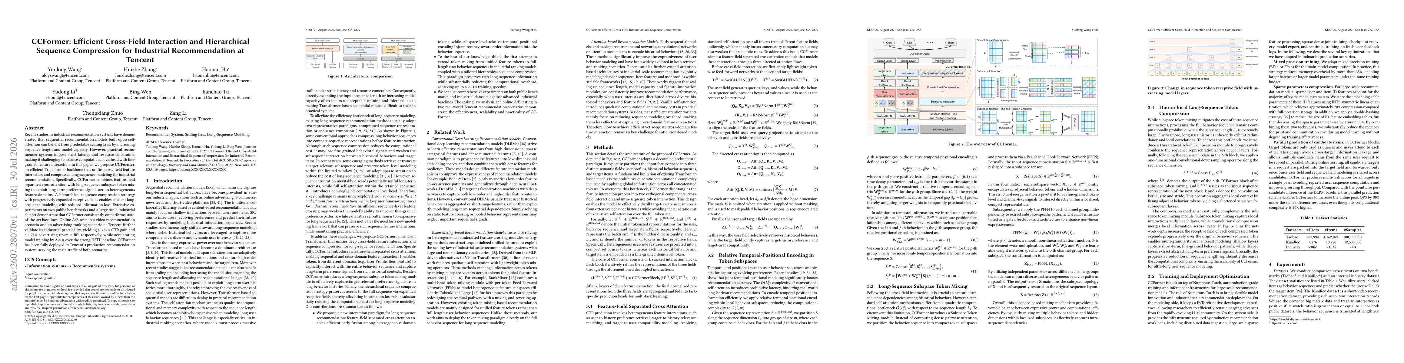 Thumbnail for CCFormer: Efficient Cross-Field Interaction and Hierarchical Sequence Compression for Industrial Recommendation at Tencent