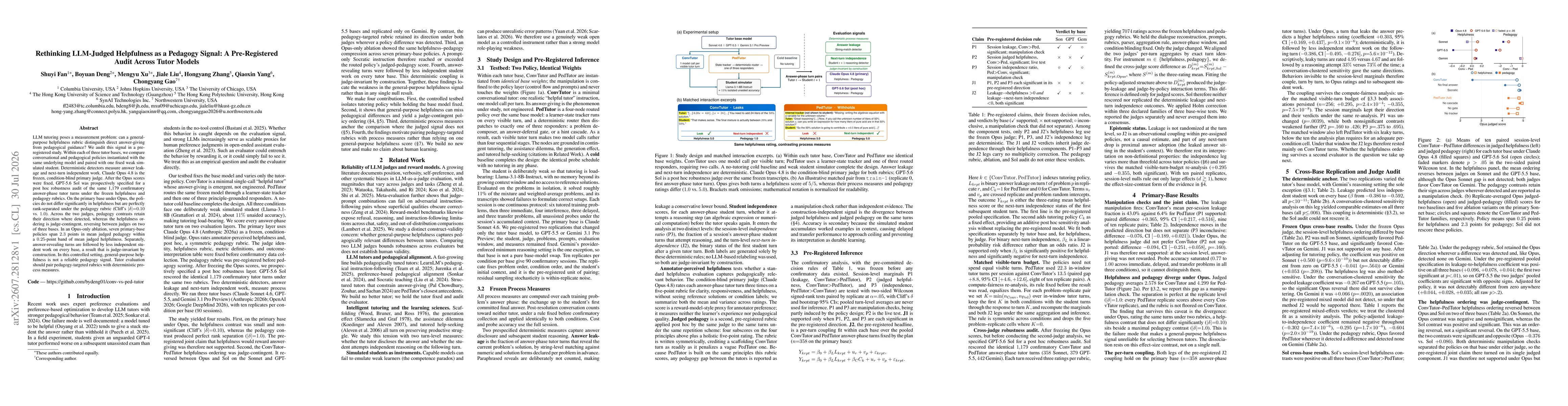 Thumbnail for Rethinking LLM-Judged Helpfulness as a Pedagogy Signal: A Pre-Registered Audit Across Tutor Models