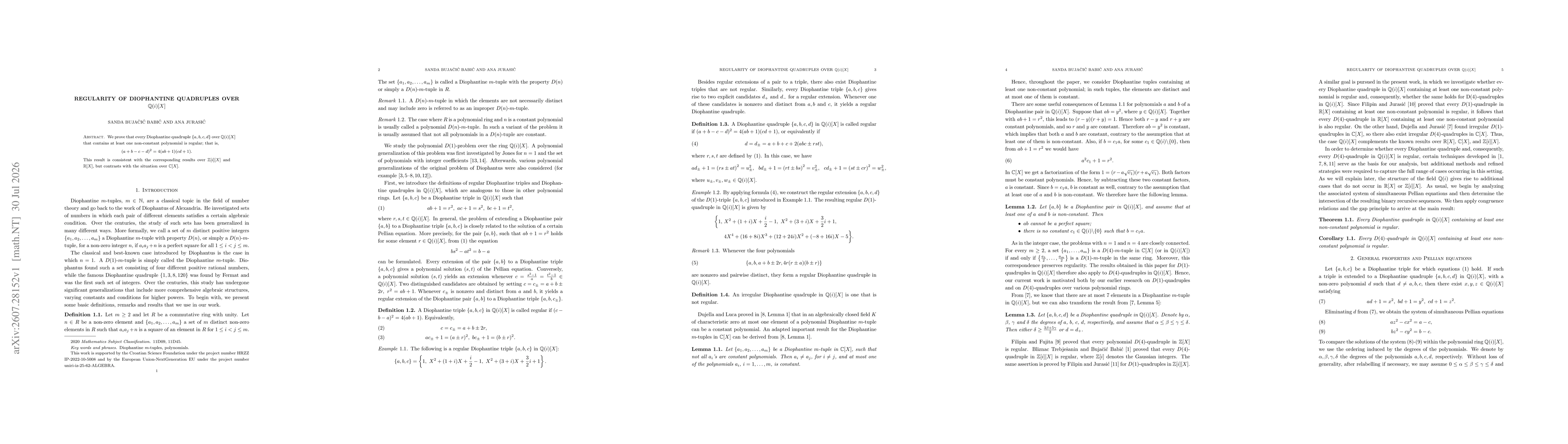 Thumbnail for Regularity of Diophantine quadruples over $\mathbb{Q}(i)[X]$