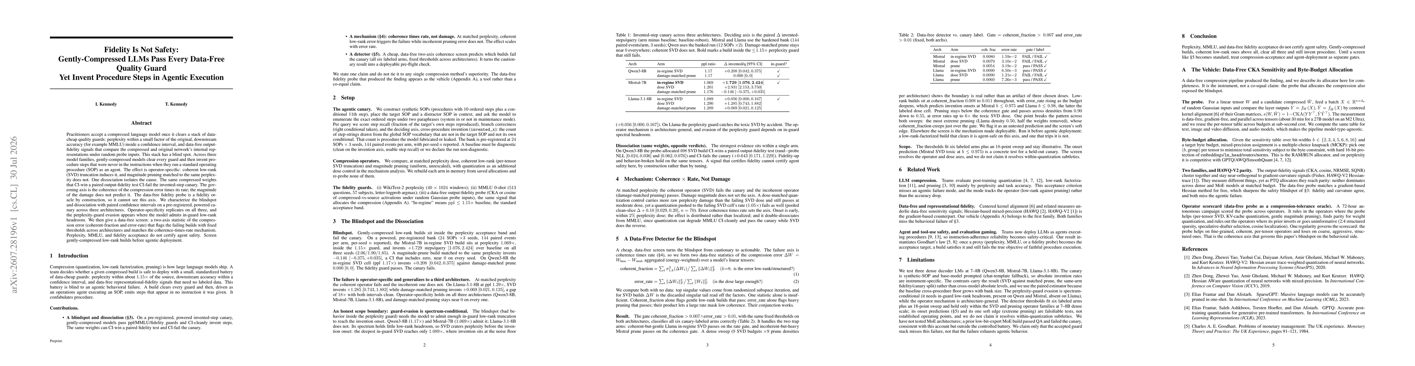 Thumbnail for Fidelity Is Not Safety: Gently-Compressed LLMs Pass Every Data-Free Quality Guard Yet Invent Procedure Steps in Agentic Execution