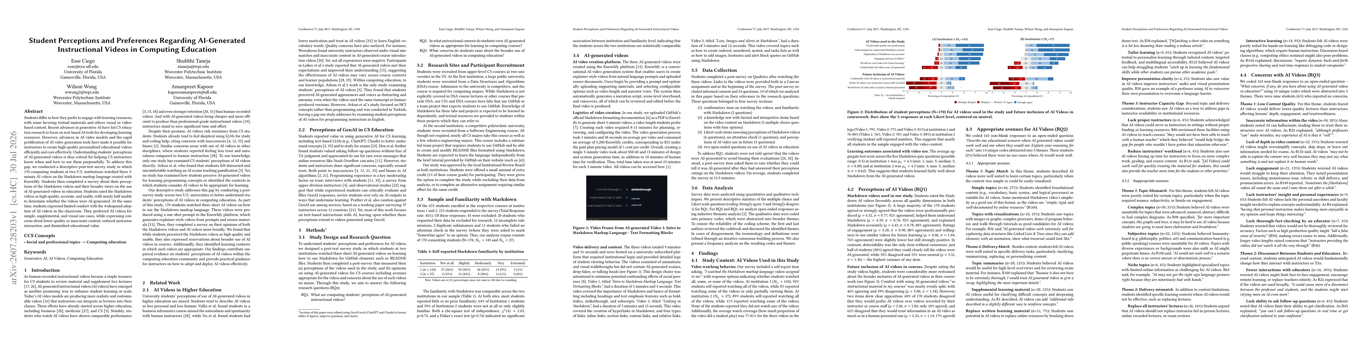 Thumbnail for Student Perceptions and Preferences Regarding AI-Generated Instructional Videos in Computing Education