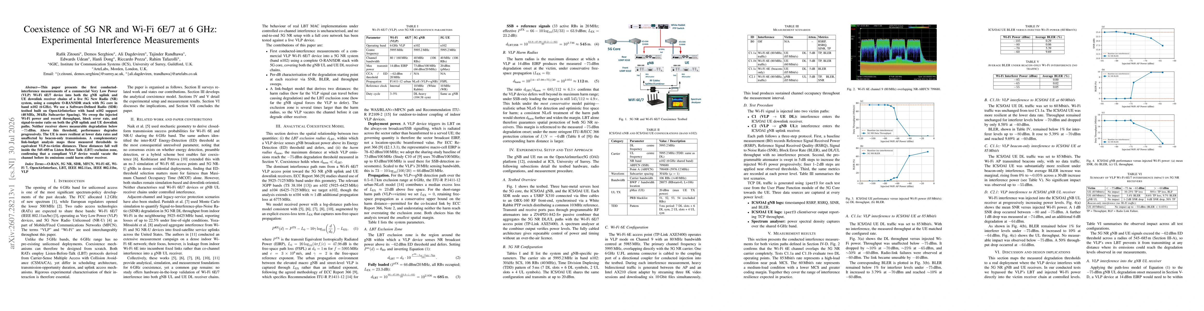 Thumbnail for Coexistence of 5G NR and Wi Fi 6E/7 at 6 GHz: Experimental Interference Measurements