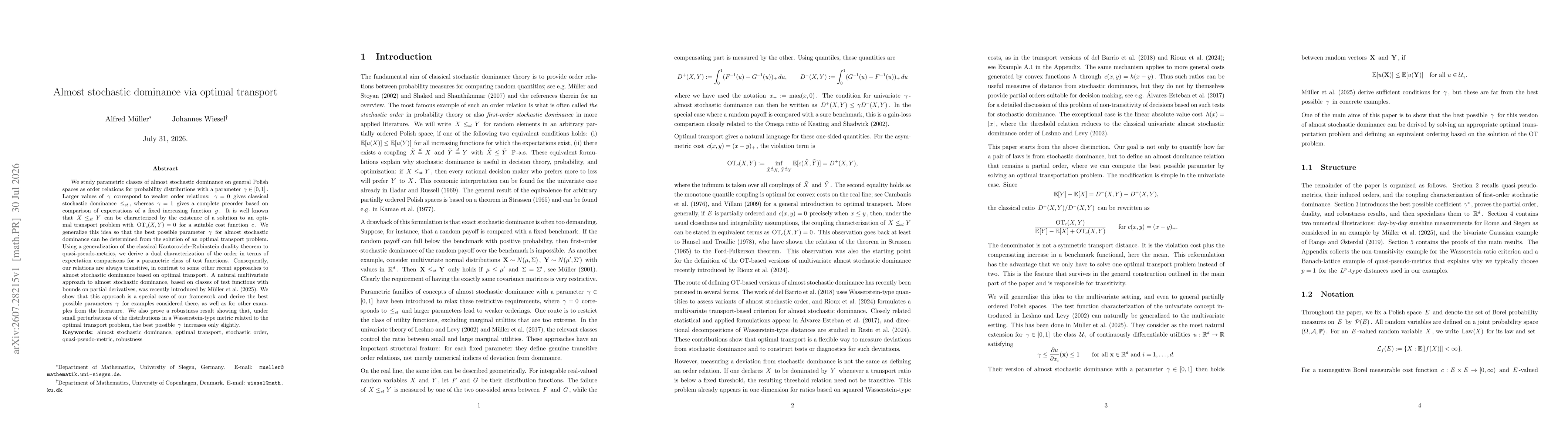 Thumbnail for Almost stochastic dominance via optimal transport