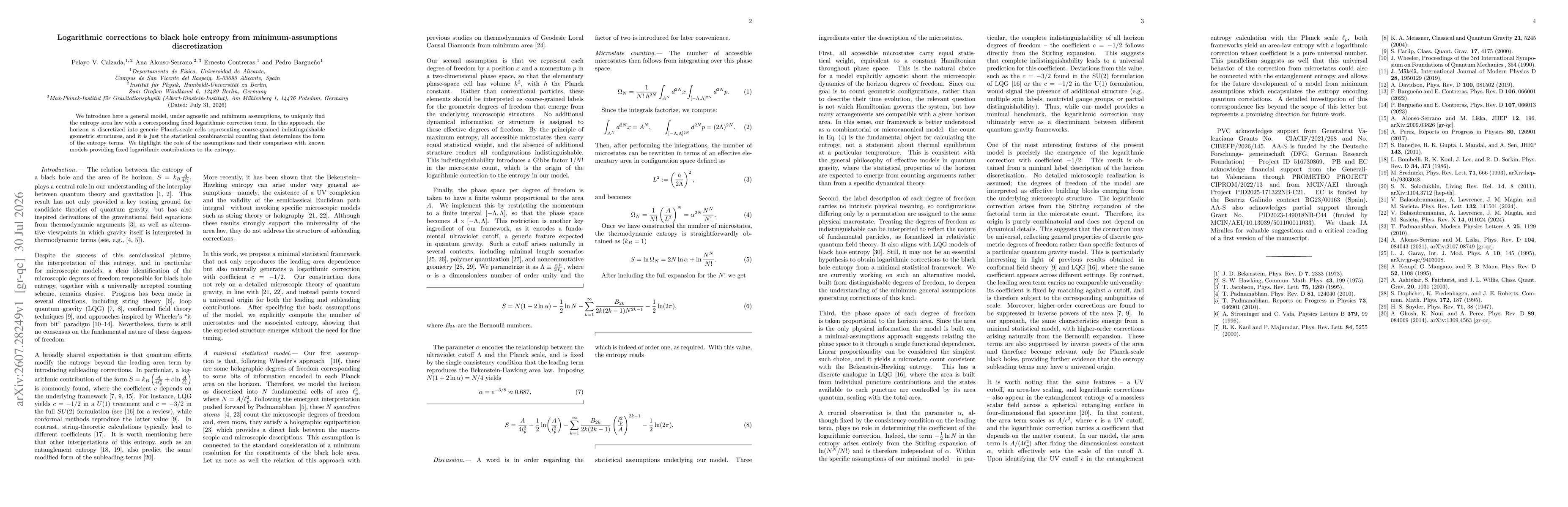 Thumbnail for Logarithmic corrections to black hole entropy from minimum-assumptions discretization