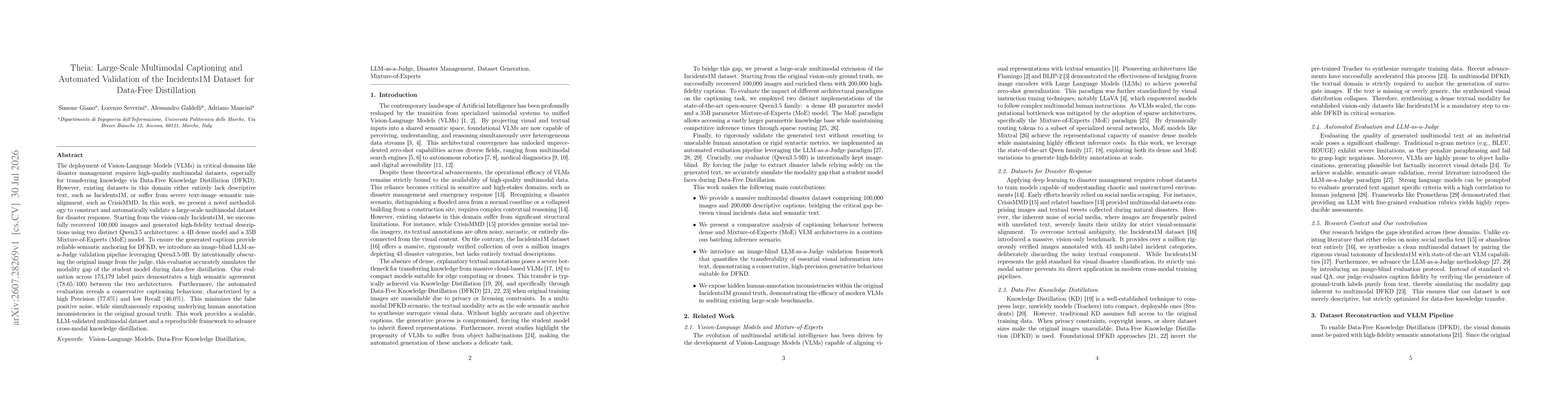 Thumbnail for Theia: Large-Scale Multimodal Captioning and Automated Validation of the Incidents1M Dataset for Data-Free Distillation