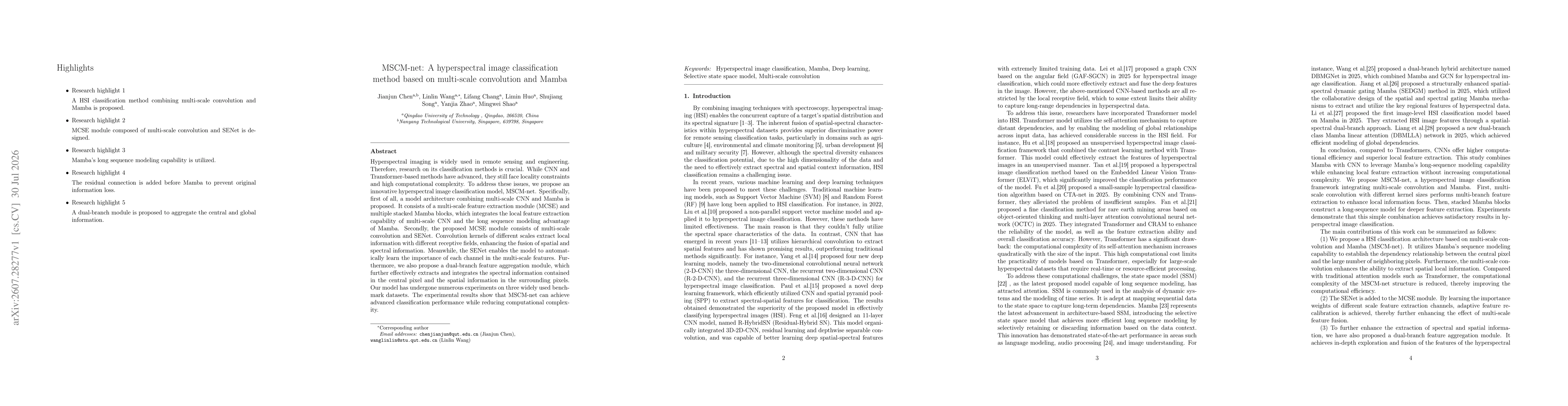 Thumbnail for MSCM-net: A hyperspectral image classiffcation method based on multi-scale convolution and Mamba