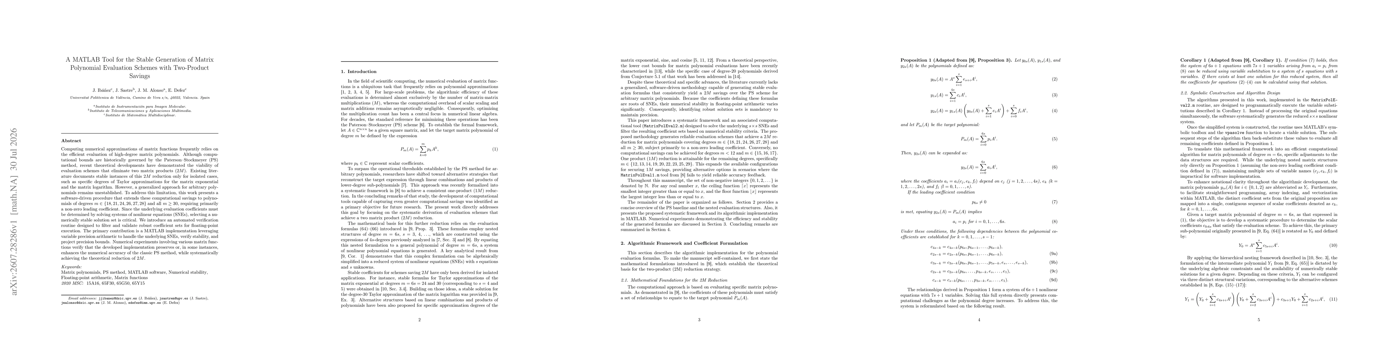 Thumbnail for A MATLAB Tool for the Stable Generation of Matrix Polynomial Evaluation Schemes with Two-Product Savings