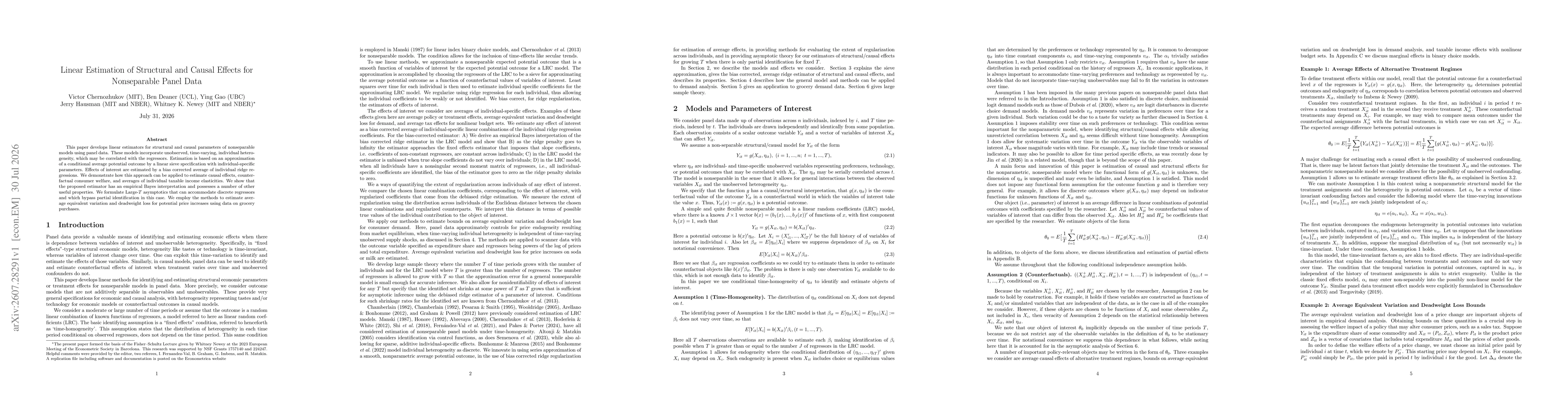 Thumbnail for Linear Estimation of Structural and Causal Effects for Nonseparable Panel Data