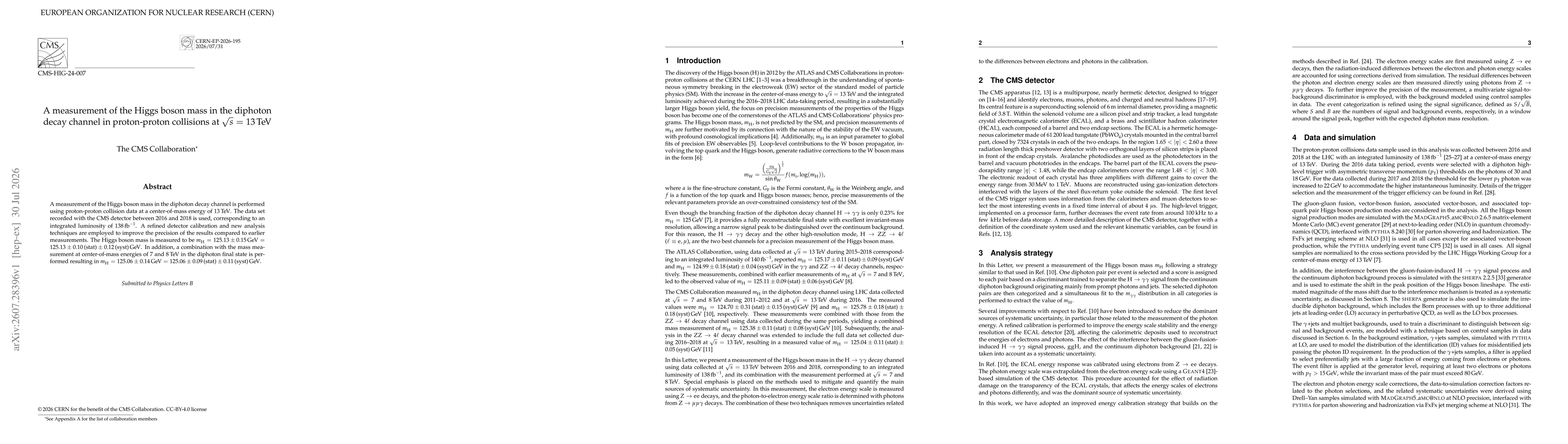 Thumbnail for A measurement of the Higgs boson mass in the diphoton decay channel in proton-proton collisions at $\sqrt{s}$ = 13 TeV