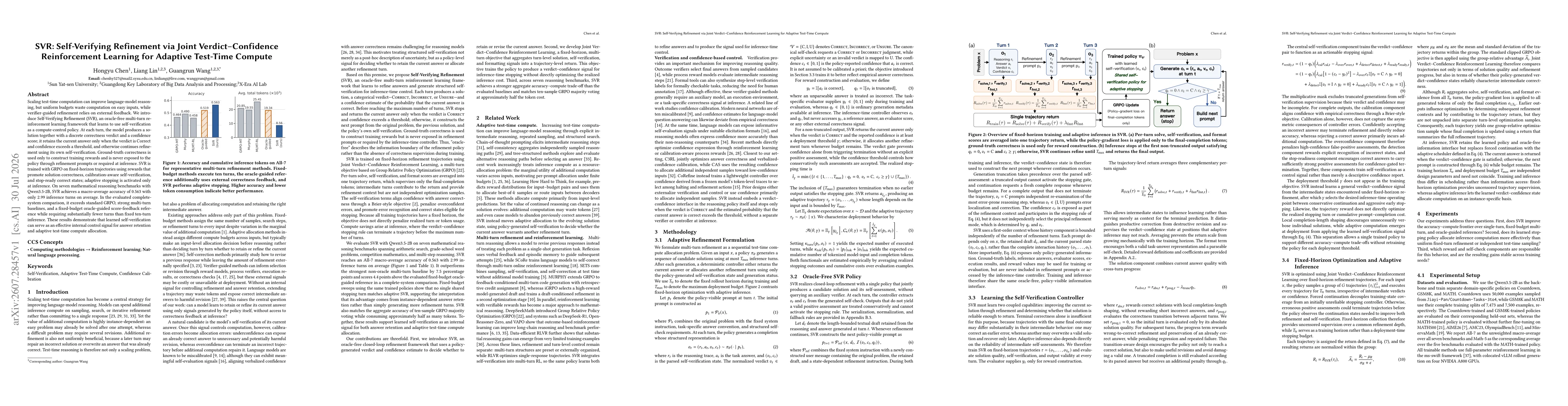 Thumbnail for SVR: Self-Verifying Refinement via Joint Verdict-Confidence Reinforcement Learning for Adaptive Test-Time Compute