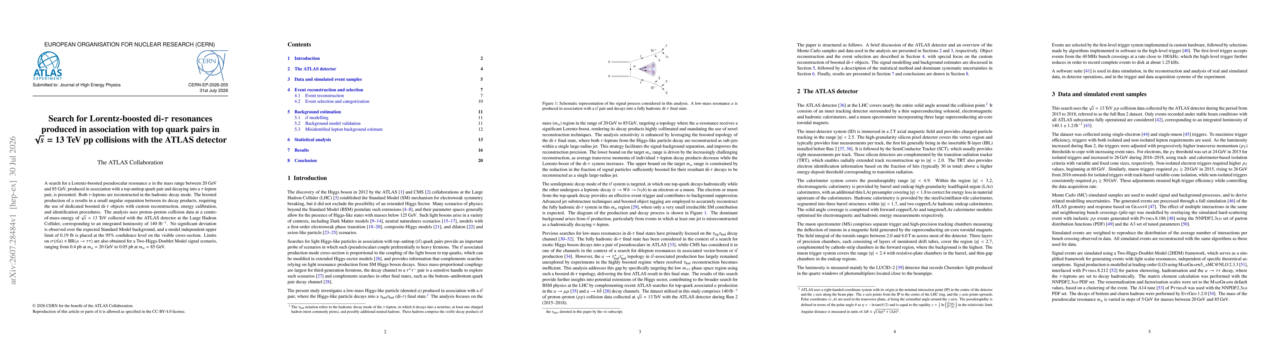 Thumbnail for Search for Lorentz-boosted di-$τ$ resonances produced in association with top quark pairs in $\sqrt{s}=13$ TeV pp collisions with the ATLAS detector