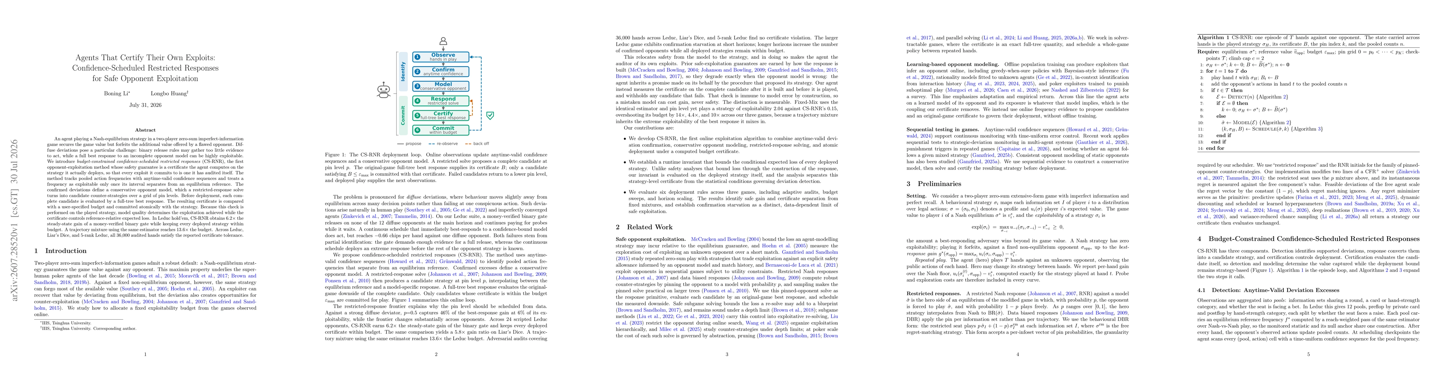 Thumbnail for Agents That Certify Their Own Exploits: Confidence-Scheduled Restricted Responses for Safe Opponent Exploitation