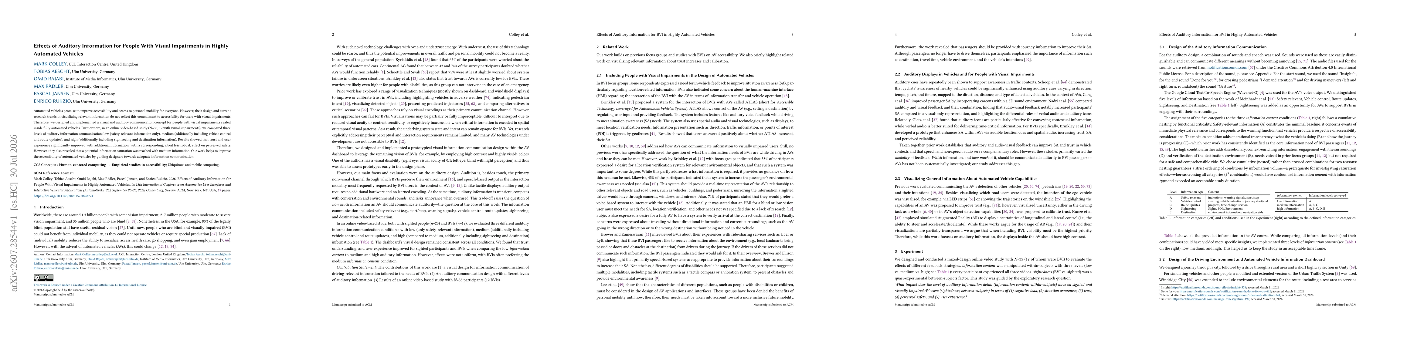 Thumbnail for Effects of Auditory Information for People With Visual Impairments in Highly Automated Vehicles