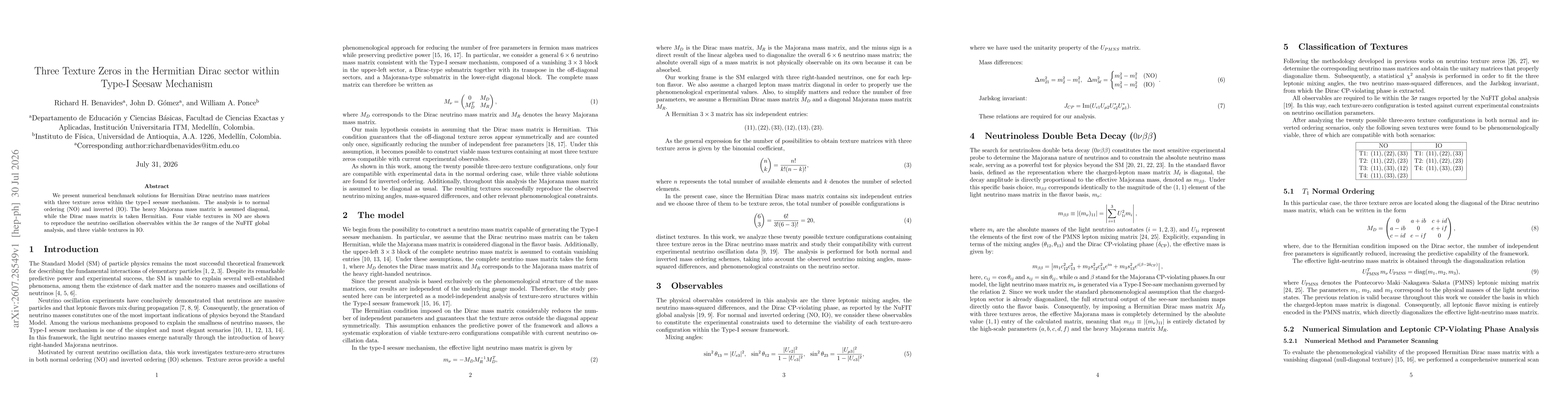 Thumbnail for Three Texture Zeros in the Hermitian Dirac sector within Type-I Seesaw Mechanism