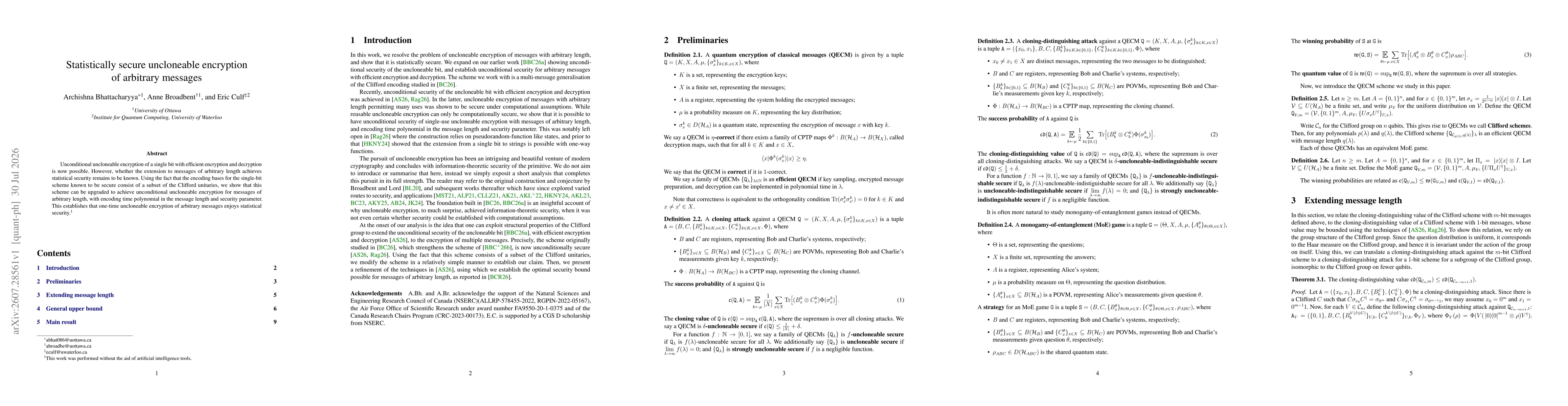 Thumbnail for Statistically secure uncloneable encryption of arbitrary messages
