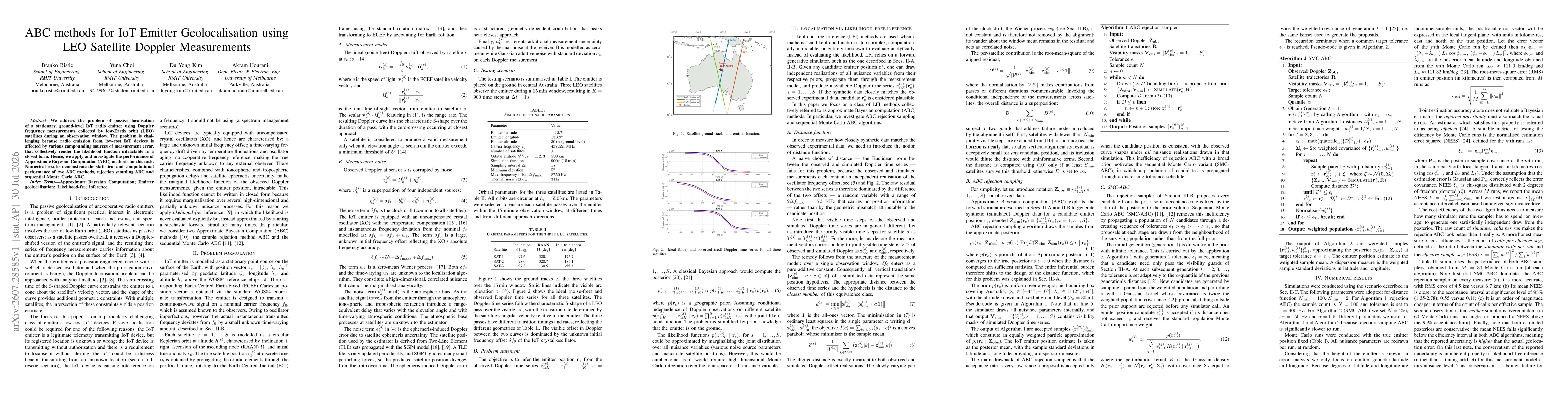 Thumbnail for ABC methods for IoT Emitter Geolocalisation using LEO Satellite Doppler Measurements