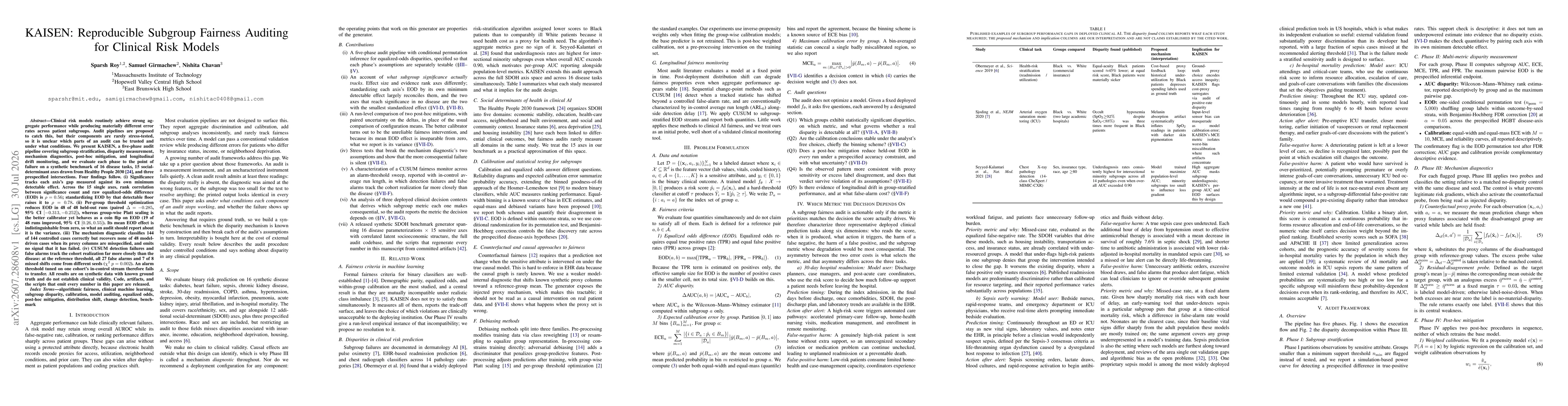 Thumbnail for KAISEN: Reproducible Subgroup Fairness Auditing for Clinical Risk Models
