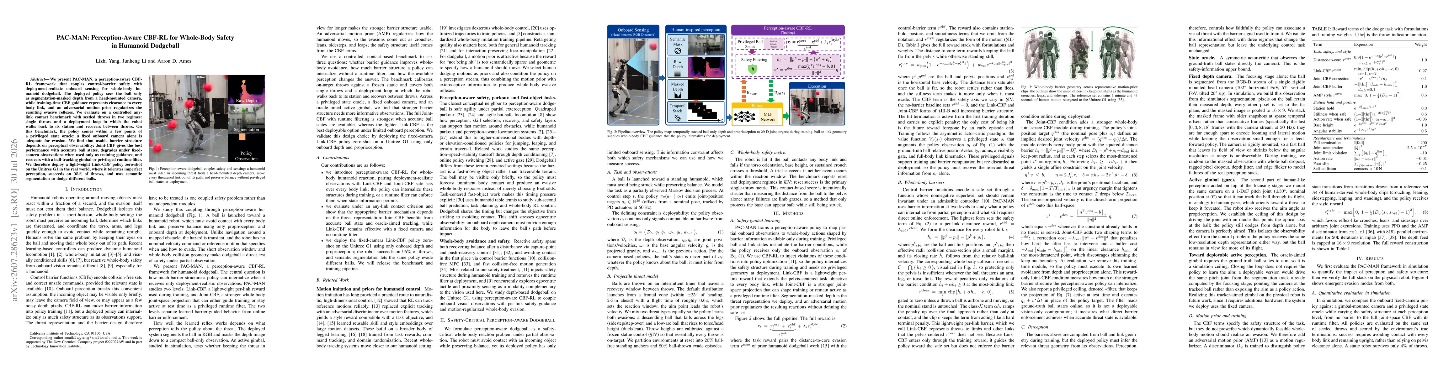 Thumbnail for PAC-MAN: Perception-Aware CBF-RL for Whole-Body Safety in Humanoid Dodgeball