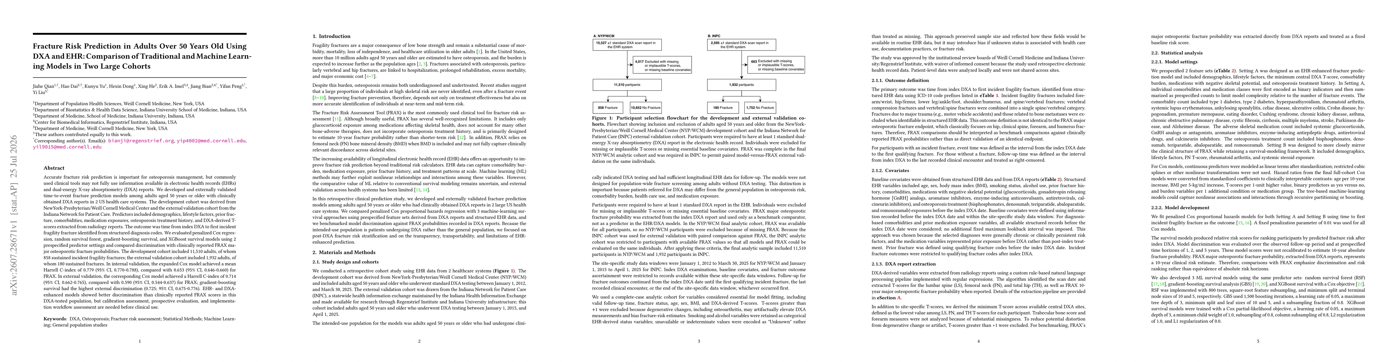 Thumbnail for Fracture Risk Prediction in Adults Over 50 Years Old Using DXA and EHR: Comparison of Traditional and Machine Learning Models in Two Large Cohorts