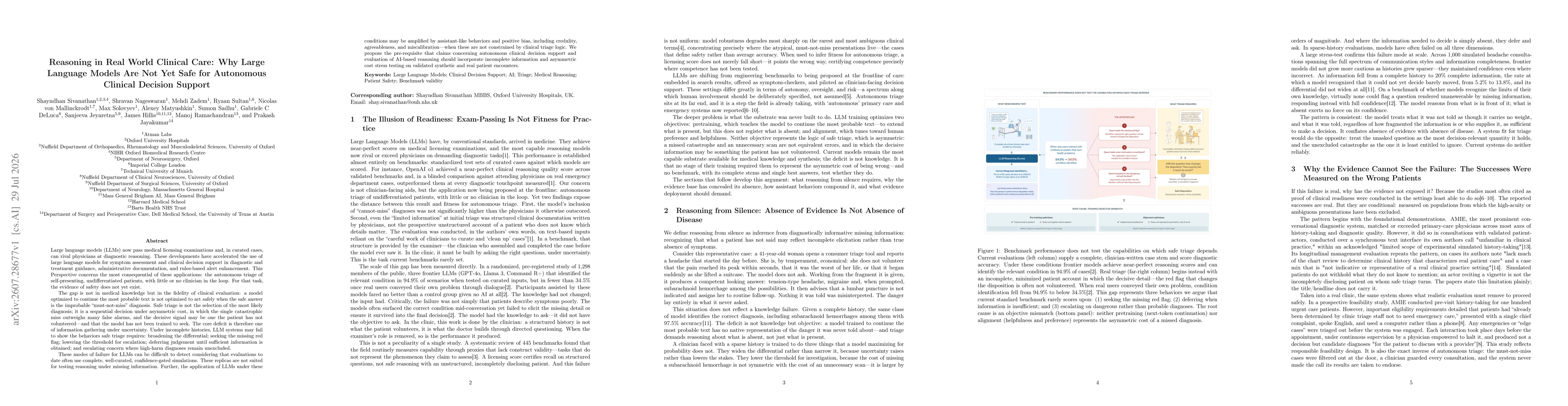 Thumbnail for Reasoning in Real World Clinical Care: Why Large Language Models Are Not Yet Safe for Autonomous Clinical Decision Support