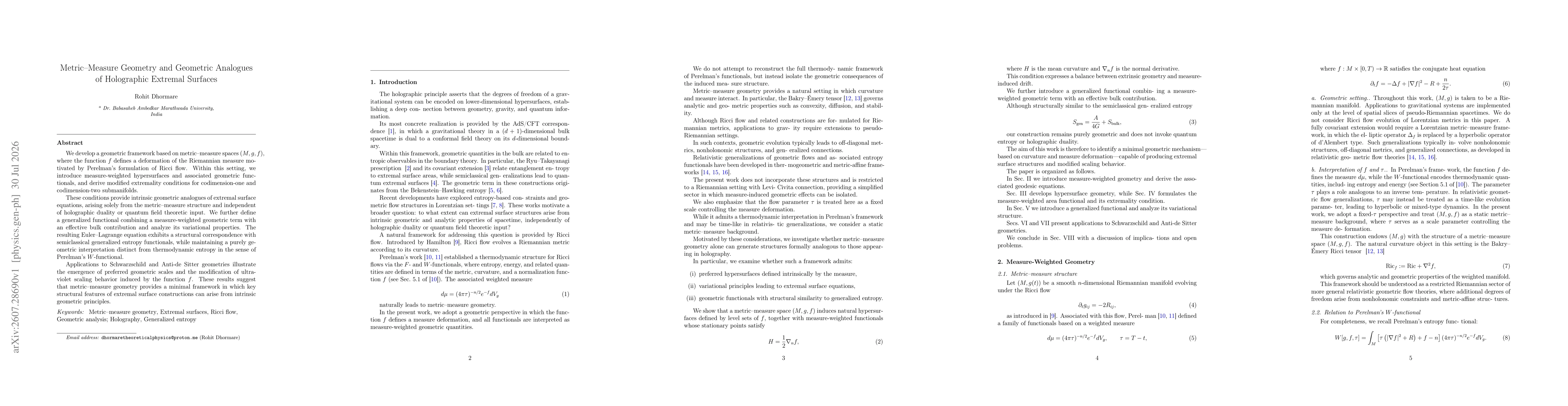 Thumbnail for Metric--Measure Geometry and Geometric Analogues of Holographic Extremal Surfaces