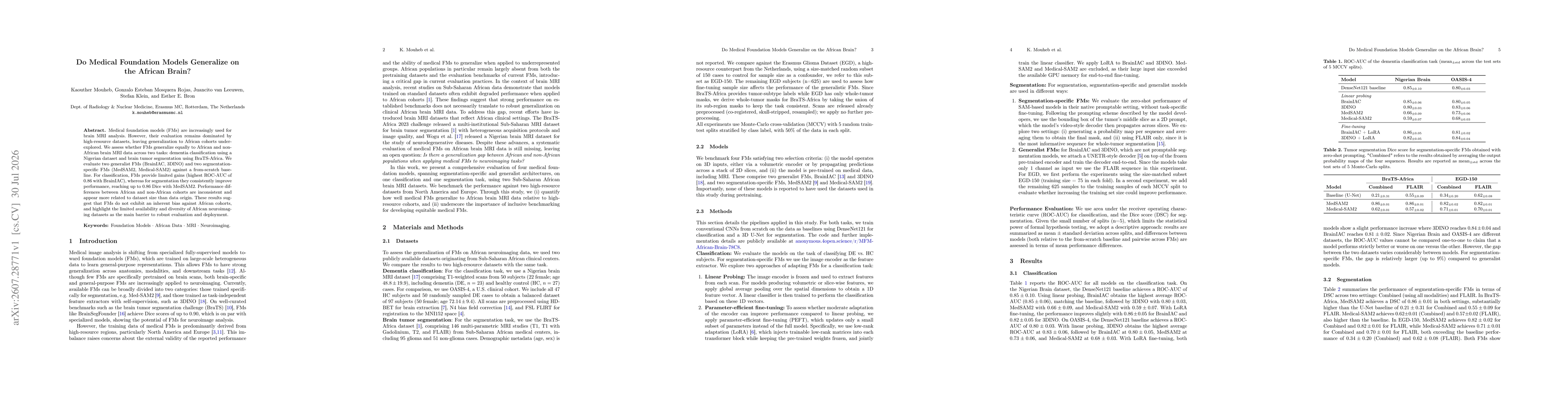 Thumbnail for Do Medical Foundation Models Generalize on the African Brain?