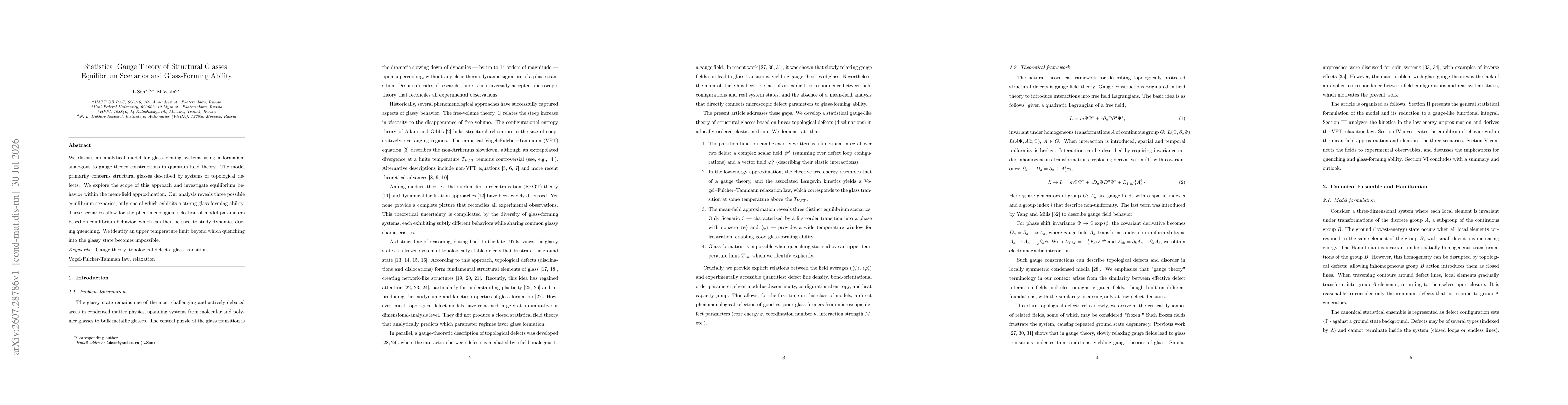 Thumbnail for Statistical Gauge Theory of Structural Glasses: Equilibrium Scenarios and Glass-Forming Ability