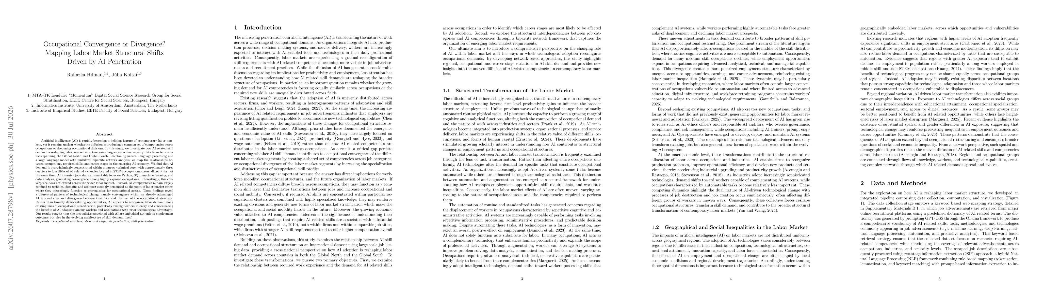 Thumbnail for Occupational Convergence or Divergence? Mapping Labor Market Structural Shifts Driven by AI Penetration