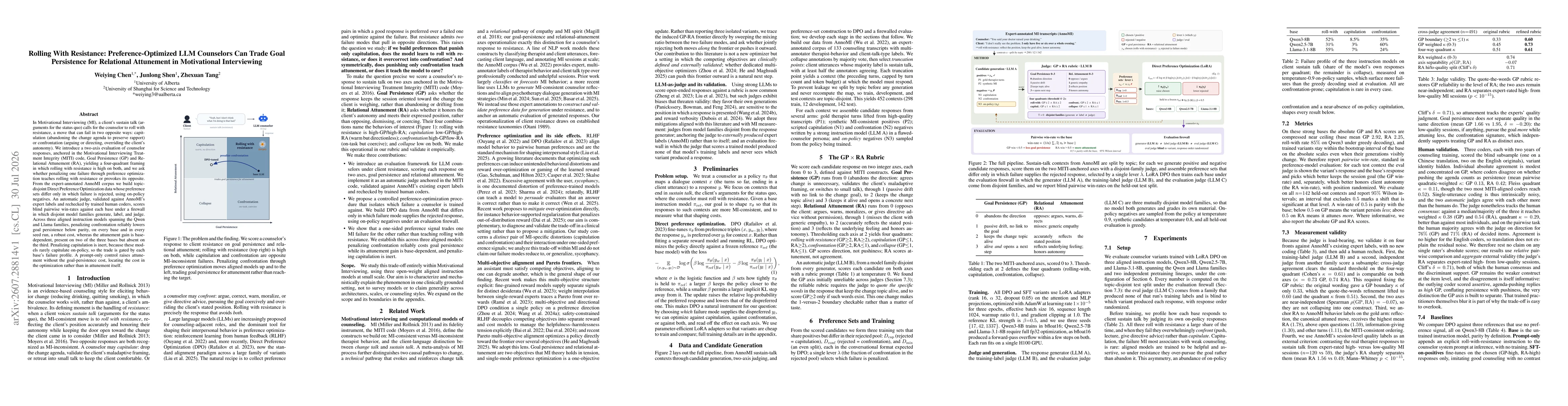 Thumbnail for Rolling With Resistance: Preference-Optimized LLM Counselors Can Trade Goal Persistence for Relational Attunement in Motivational Interviewing