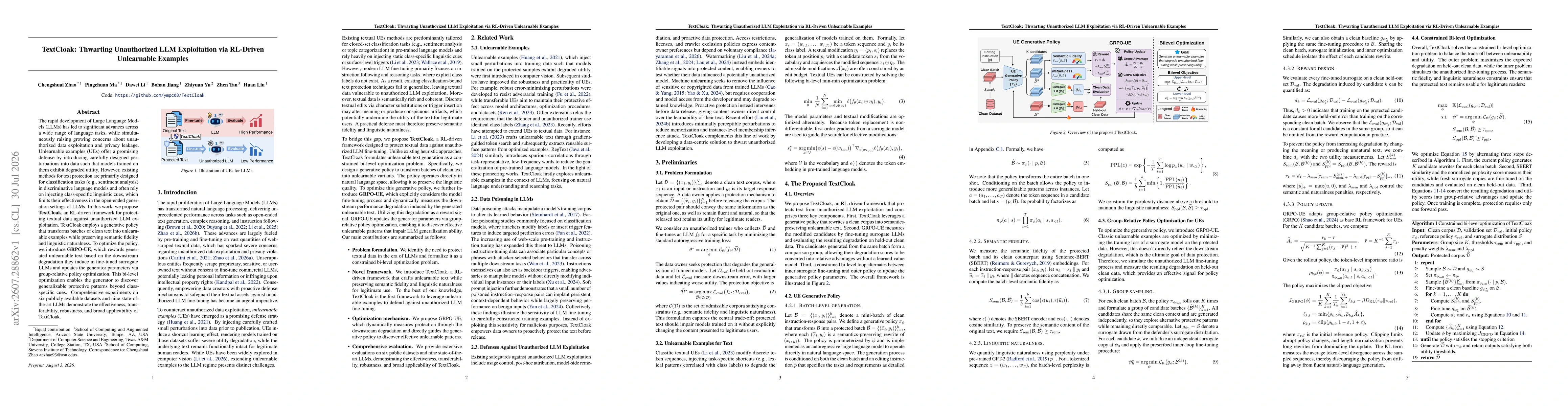 Thumbnail for TextCloak: Thwarting Unauthorized LLM Exploitation via RL-Driven Unlearnable Text