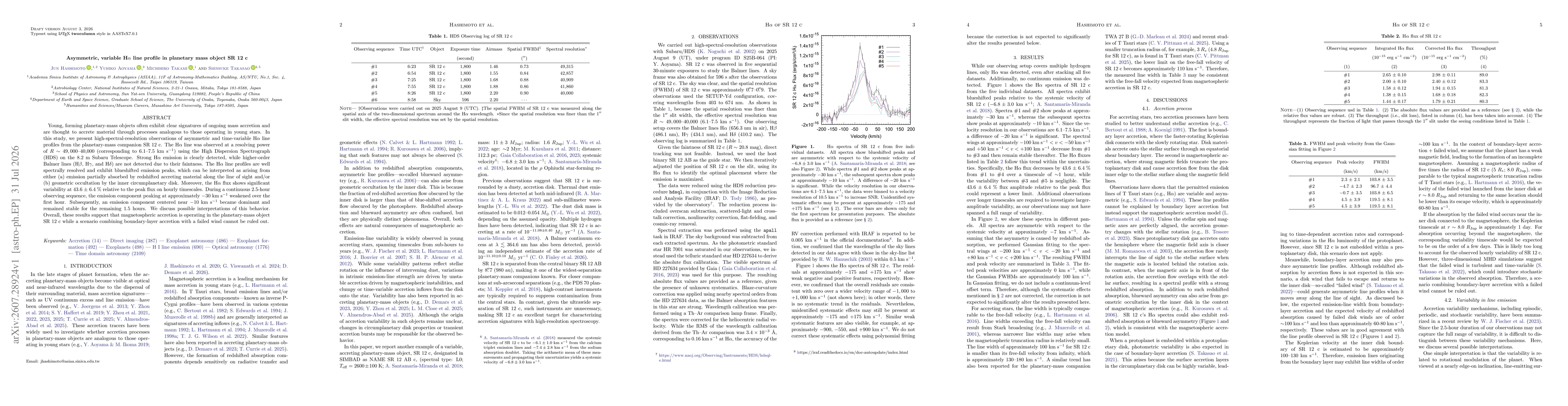 Thumbnail for Asymmetric, variable H$α$ line profile in planetary mass object SR 12 c