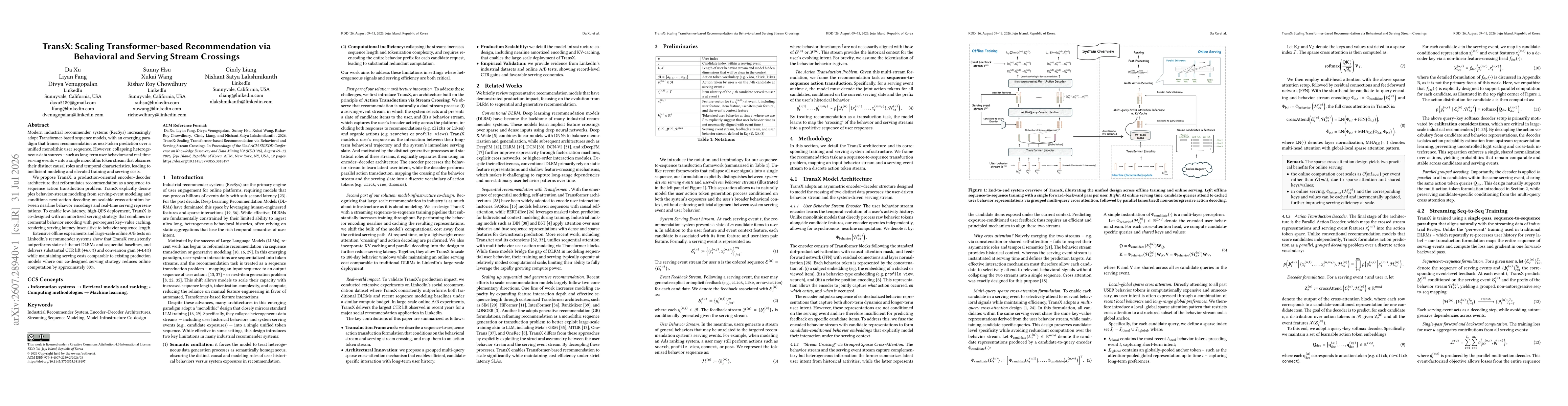 Thumbnail for TransX: Scaling Transformer-based Recommendation via Behavioral and Serving Stream Crossings