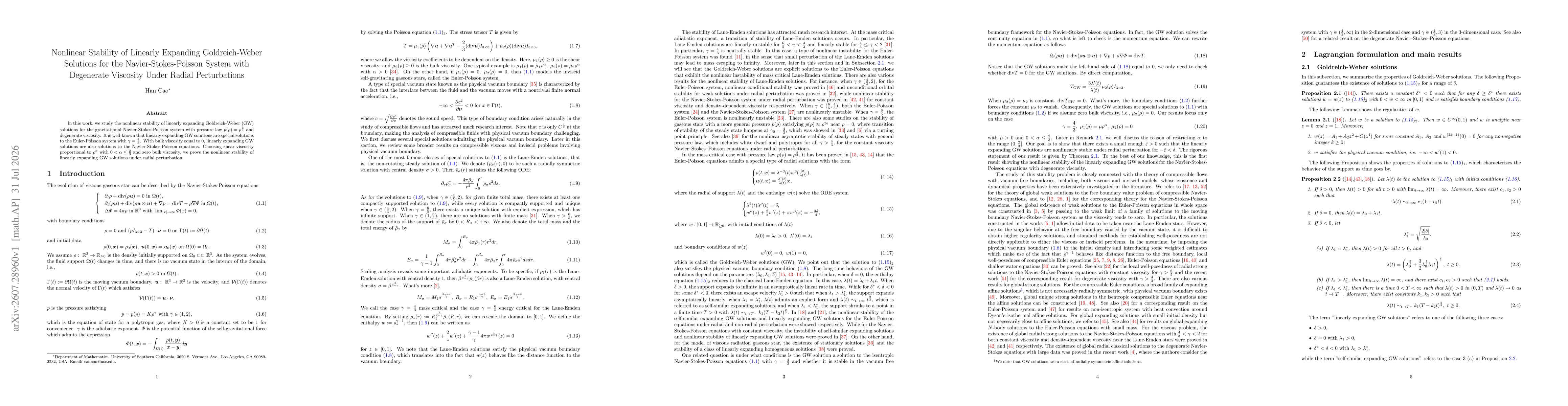 Thumbnail for Nonlinear Stability of Linearly Expanding Goldreich-Weber Solutions for the Navier-Stokes-Poisson System with Degenerate Viscosity Under Radial Perturbations