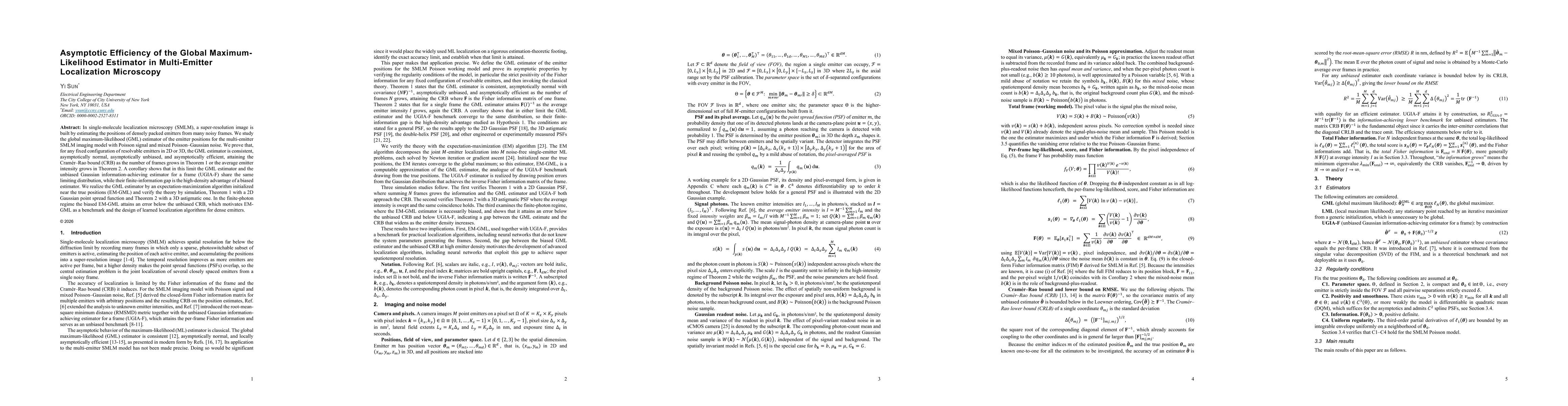 Thumbnail for Asymptotic Efficiency of the Global Maximum-Likelihood Estimator in Multi-Emitter Localization Microscopy