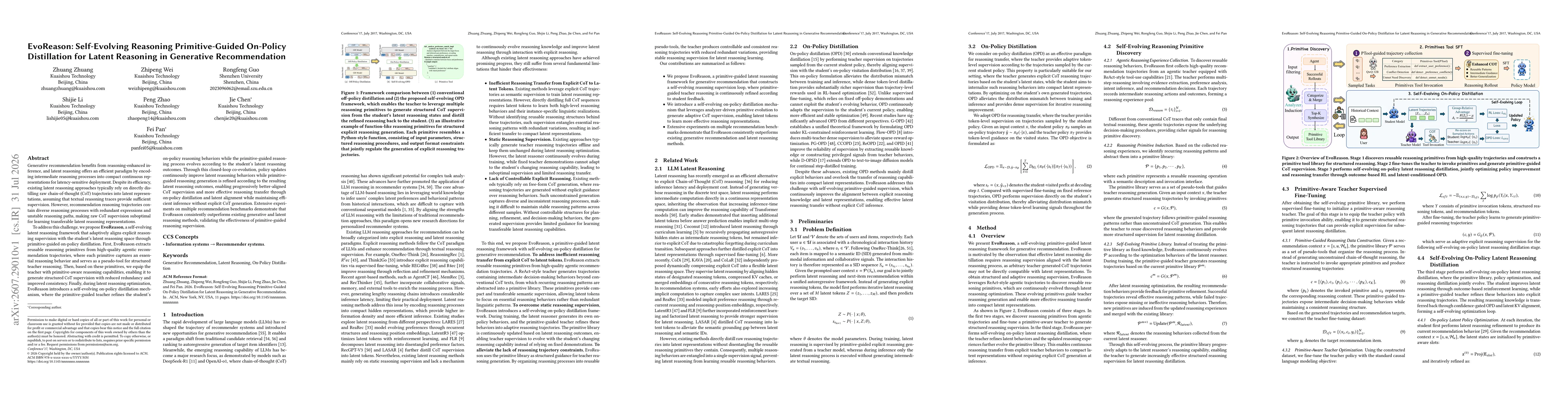 Thumbnail for EvoReason: Self-Evolving Reasoning Primitive-Guided On-Policy Distillation for Latent Reasoning in Generative Recommendation