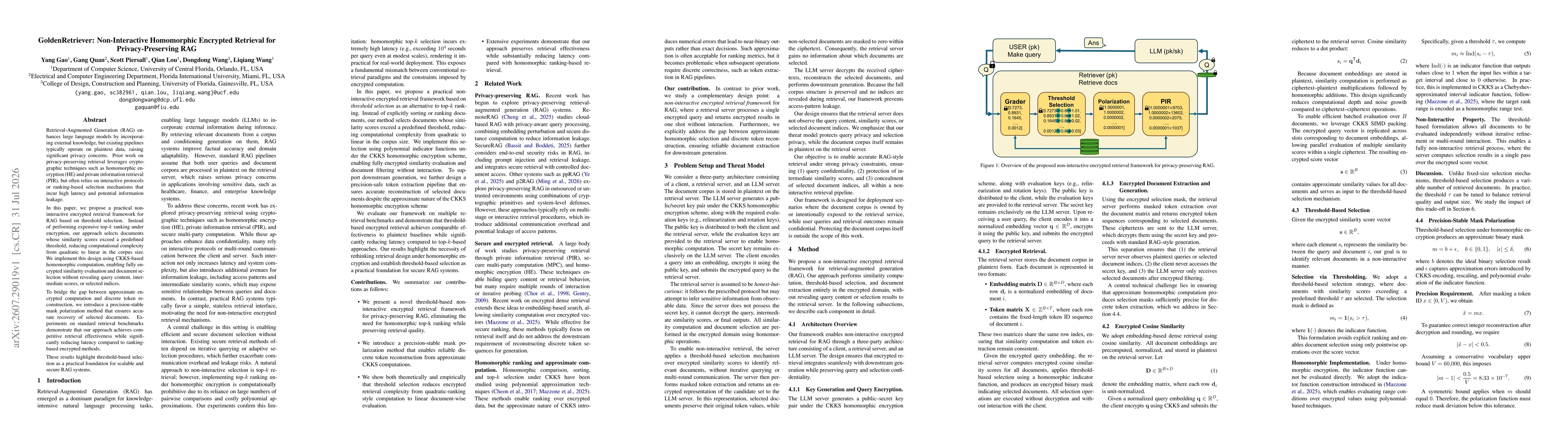 Thumbnail for GoldenRetriever: Non-Interactive Homomorphic Encrypted Retrieval for Privacy-Preserving RAG