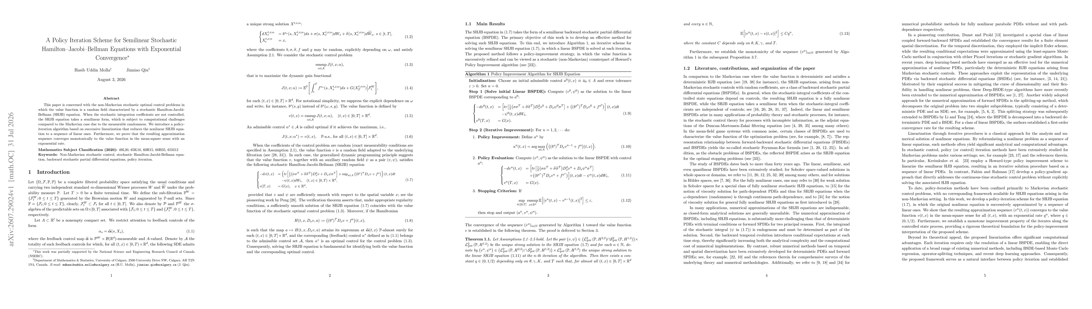 Thumbnail for A Policy Iteration Scheme for Semilinear Stochastic Hamilton-Jacobi-Bellman Equations with Exponential Convergence